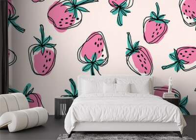 Hand drawn strawberry seamless vector pattern. Pink strawberries and green leaves with black doodle stroke on vanilla background Wall mural