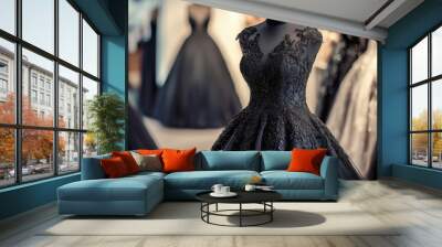 Black wedding dress in a mannequin at a boutique. Space for copy Wall mural