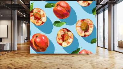 Minimalistic illustrated apricot seamless pattern, background. Healthy eating concept Wall mural