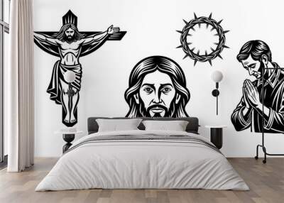 Jesus life evangelical scenes. Linocut set vector illustration  Wall mural