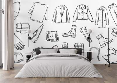 set of hand drawn vector ink fashion clothes accessories shirt, coat, watch, shoes, bag Wall mural