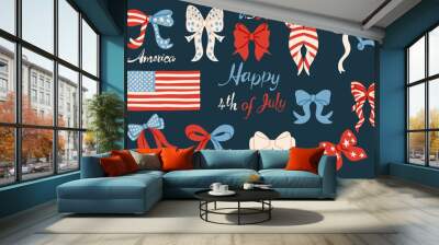 USA 4th July doodle celebration set for Independence Day. Coquette bow, stars and stripes ribbon,lettering, american flag. Vector isolated on white background. Wall mural