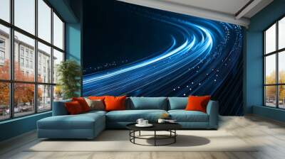 Abstract background. Swirling blue lines and light particles create a dynamic, flowing abstract pattern. Wall mural