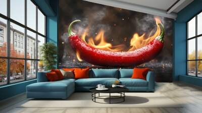 Delicious smoky red hot pepper isolated on dark background. Bright red hot chili pepper covered in water droplets with smoke curling around it and flames behind it. Flaming red hot pepper. Wall mural