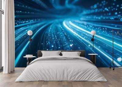 Digital Blue Light Fibers Accelerating.  Dynamic blue optical fibers emitting light, representing high-speed data transfer and connectivity. Wall mural