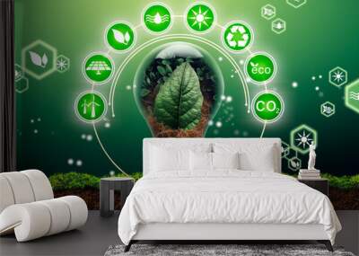 Bulb as energy efficiency concept. Renewable energy by 2050 Carbon neutral energy. Net zero carbon. Wall mural