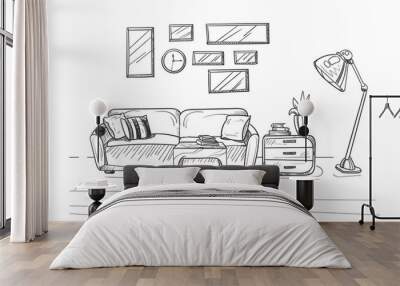 Hand drew sketch of the modern living room interior. Room interior with a couch and pillows, lamp and small coffee table. Vector illustration Wall mural