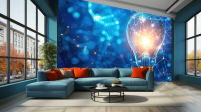 Abstract blue light bulb with digital world inside, Technology Network Data Connection, dark blue background, Wall mural