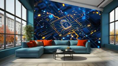 Cybersecurity - Padlock Icon on Circuit Board Wall mural