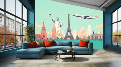 Iconic Landmarks and a Flying Airplane Against a Light Blue Sky Wall mural