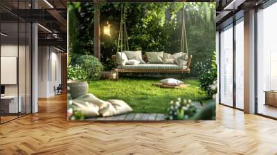 outdoor garden with wooden furniture lush green grass, in the backyard with green garden Wall mural