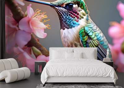 beautiful colorful hummingbird seatting in branch around pink flower against green natural background. close up. Ai generated Wall mural