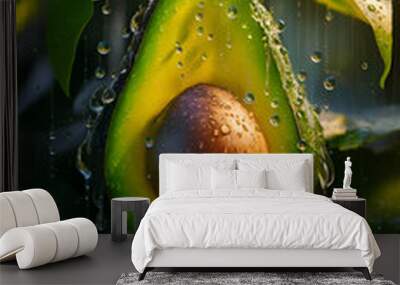 ripe lime and avocado nestled on green leaves in garden with rain. close up. Conceptual digital artwork. Ai generated. Wall mural