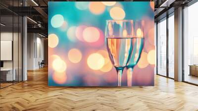 Two elegant glasses are positioned against a vibrant bokeh background with warm and cool tones, creating a festive and celebratory ambiance perfect for events or parties. Wall mural