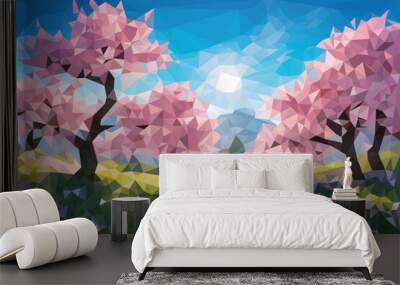 Low poly cartoon landscape with Sakura Japanese tree Wall mural