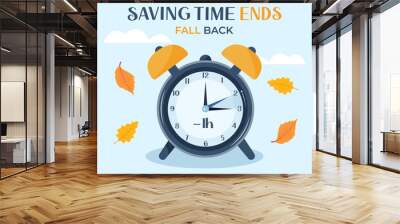 Daylight saving time ends. Fall back one hour. Remember to turn back the clock. Morning clock turning an hour back. Vector illustration with leaves, clouds, text and a background. Wall mural