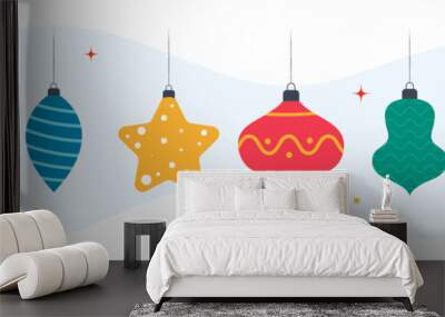 Set of holiday ornaments. Cute Christmas and winter hanging decorations. Colorful vector banner illustration. Wall mural