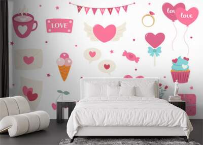 Set of Valentine’s day elements. Flowers, hearts, gifts, balloons, candy, etc. Collection of decorative elements. Hand-drawn stickers. Vector illustration. Wall mural