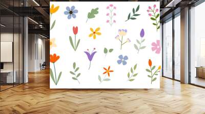 Spring and summer floral collection. Simple and colorful hand-drawn flowers, leaves, and branches. Vector illustration. Wall mural