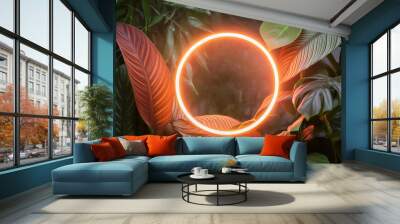 Neon glowing circle ring in palm leaves, tropical dark background. Peach and green color. Glowing linear volumetric neon round circle Wall mural