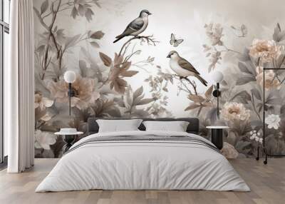 3d floral mural wallpaper with a light simple background. branches of flowers, herbs, birds, and mountains. modern art for wall home decor, generate ai Wall mural