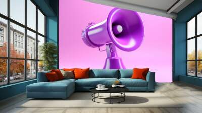 3D Social media frame post with Megaphone and Hashtag. Social network marketing and promotion. Online hype news concept. Cartoon creative design icon isolated on purple background. 3D Rendering Wall mural