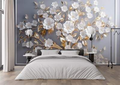 3d wallpaper floral tree with white flower leaves and golden stem.  generate ai Wall mural