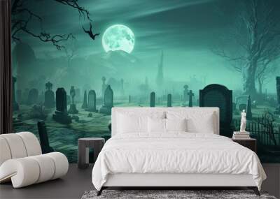 a halloween cemetery and graveyard with a full moon, in the style of dark turquoise and light green, made of mist, captivating, exacting precision, Halloween, generate ai Wall mural