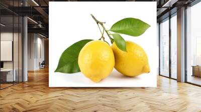 Branch of juicy lemons with leaves isolated on white background, generate ai Wall mural