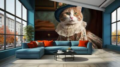 Cat dressed in vintage clothes in Victorian style, portrait in the style of the 19th century, funny cute cat in human clothes. AI generated image. Wall mural