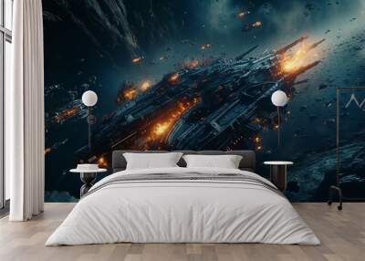 Cinematic Still, intense space battle between two massive battleships, starry sky, nebulae, galaxies, HDR futuristic space battleship destroyers traveling through an asteroid field, generate ai Wall mural