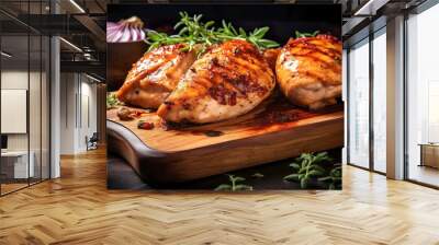 Closeup of tasty roast chicken breast served on wooden board. Grilled chicken. Wall mural