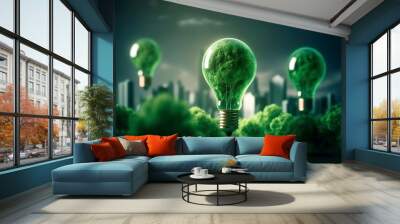 Energy consumption and CO2 gas emissions are increasing light bulbs with green eco city, Renewable energy by 2050 Carbon neutral energy, Save energy creative idea concept, Generative Ai. Wall mural