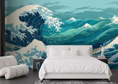 Japanese water wave seamless background. illustration Wall mural