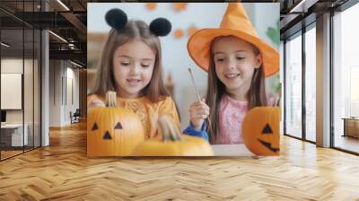 Two children in halloween costumes are painting pumpkins on the table, having fun together at home during the autumn season, halloween celebration Oct 31, 2024 Wall mural