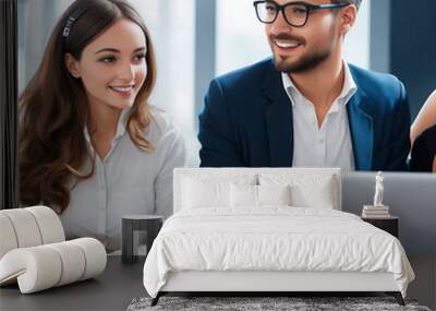 Portrait of Two Happy Female and Male Engineers Using Laptop Computer Wall mural