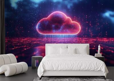 A glowing cloud icon in a digital landscape. Wall mural