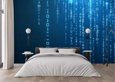 Abstract digital binary code falling on a blue background. Wall mural