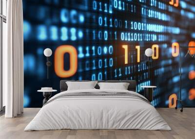 Binary code on a screen with glowing orange numbers. Wall mural