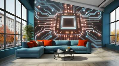 Close-up of a glowing circuit board with a central processor. Wall mural