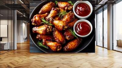 Close-up of crispy chicken wings with two small bowls of dipping sauce. Wall mural