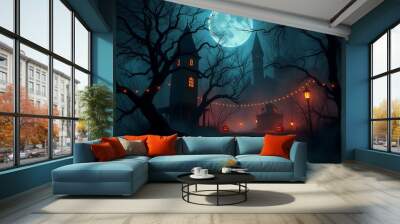 Eerie haunted house illuminated by a full moon on a dark night Wall mural