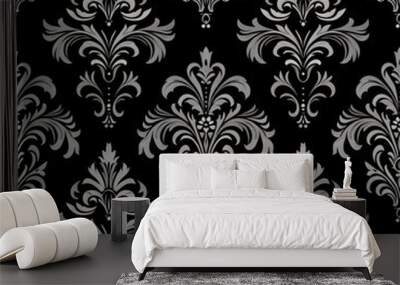 Elegant silver damask pattern on black background. Wall mural