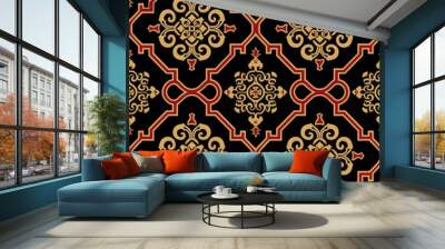 Intricate gold and red pattern on black background. Wall mural