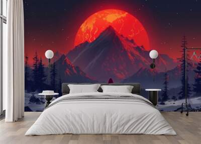 Silhouette of a woman standing before a mountain range with a red moon in the background. Wall mural