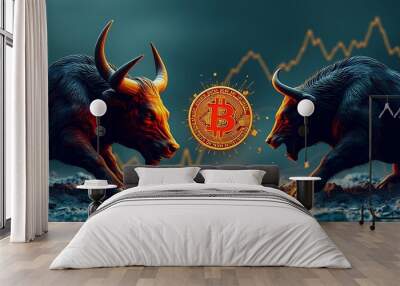 Two bulls face off with a Bitcoin symbol between them. Wall mural