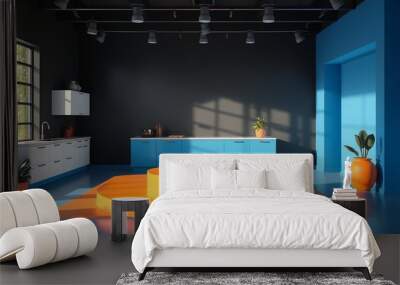 Vibrant blue and orange interior design with stage and decor Wall mural