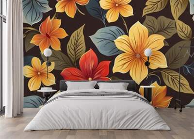 Vibrant floral pattern with yellow, red, and blue flowers. Wall mural