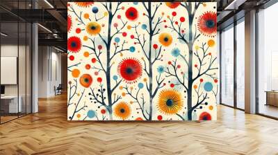 Watercolor tree pattern with red, blue, and yellow flowers Wall mural