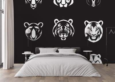 White animal heads on a black background. Wall mural